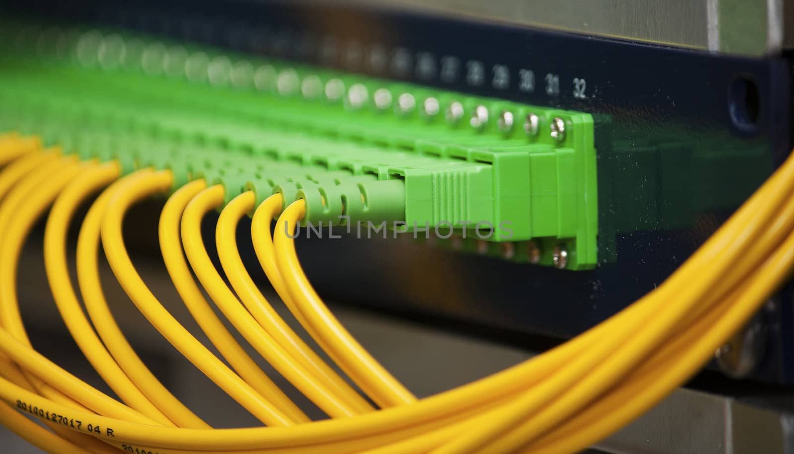 A fiber optics patch panel with fibers connected