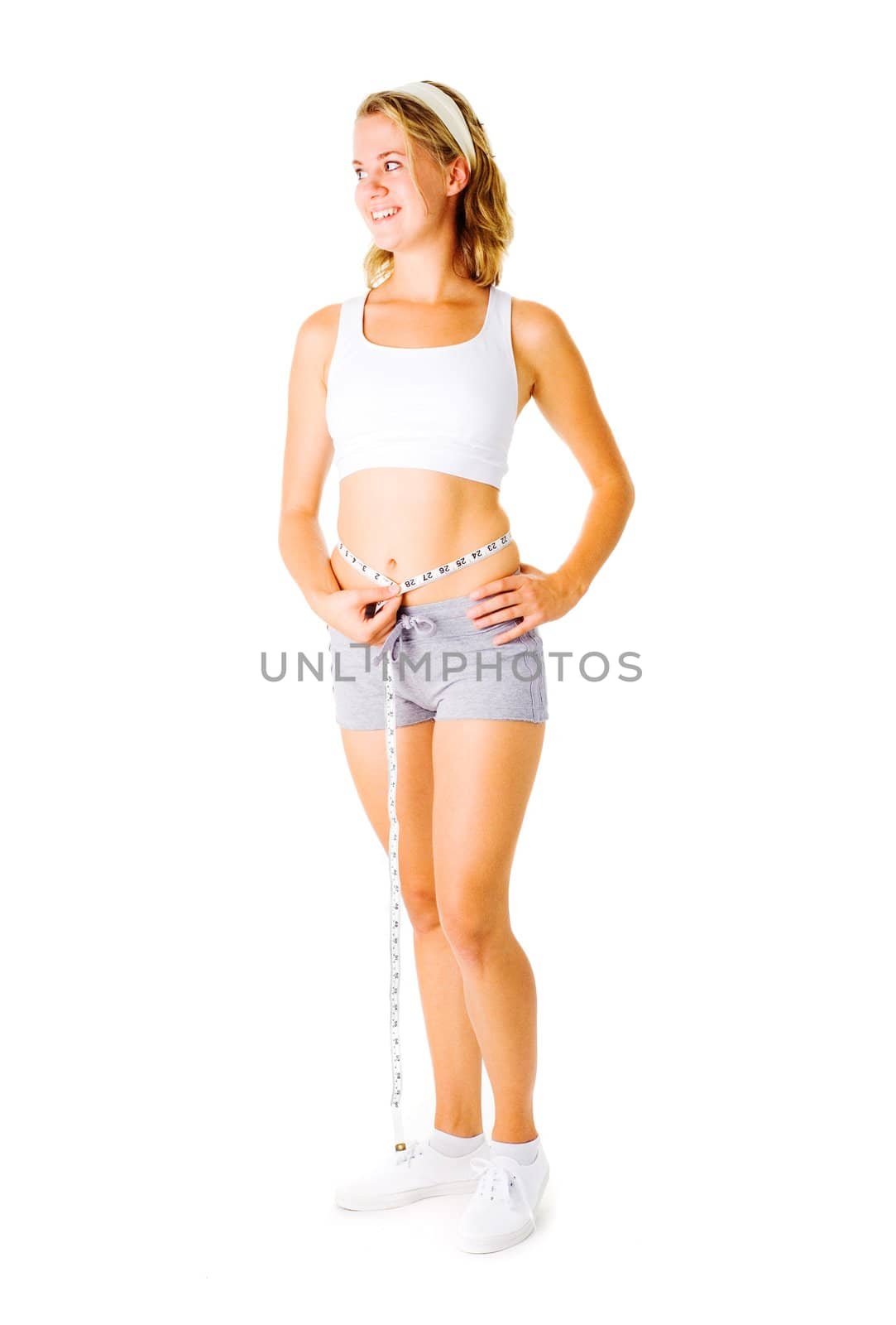 Young Woman Measuring Herself On White by cardmaverick