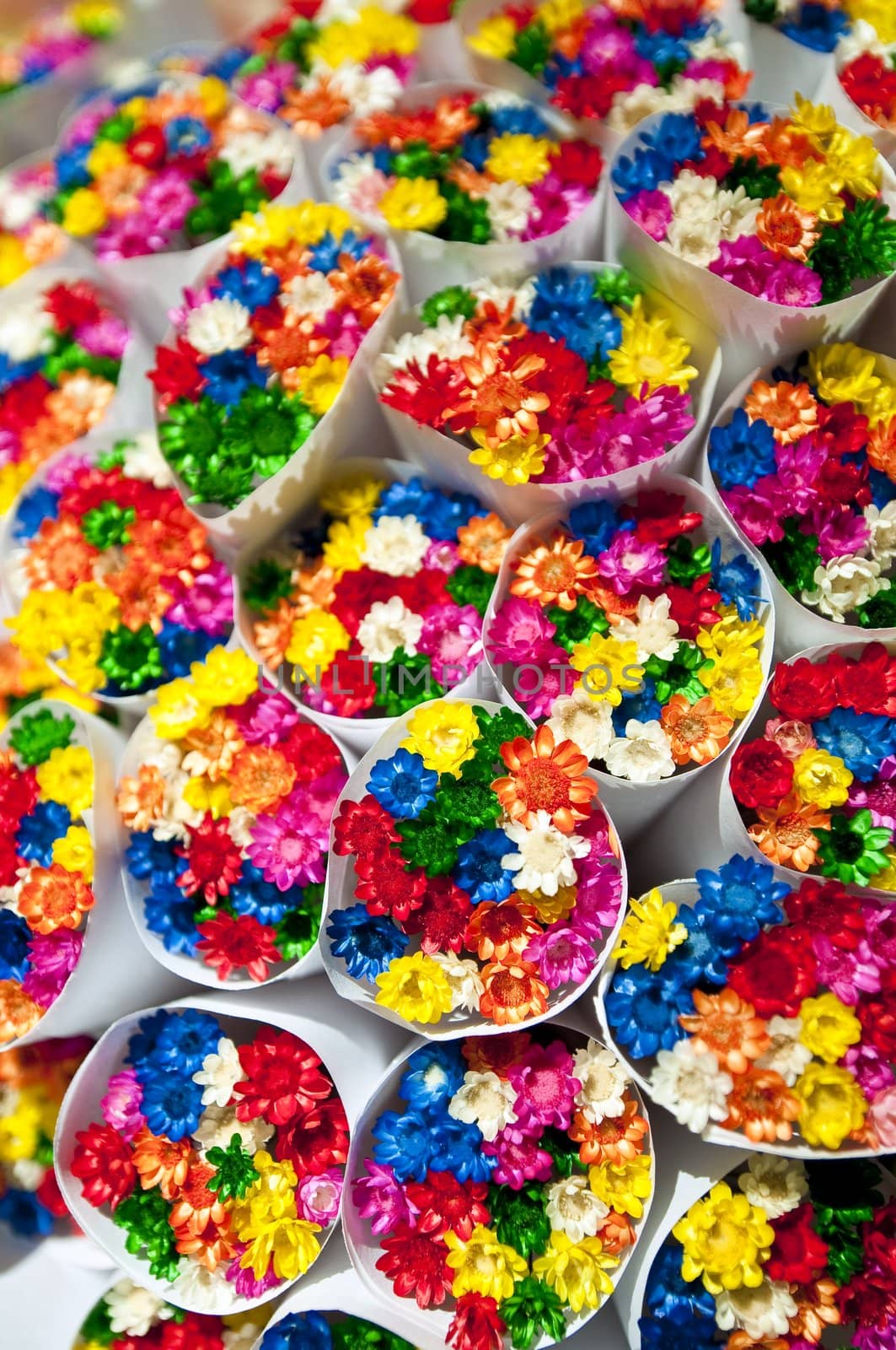 Small flowers bouquets sold at the Ramblas, in Barcelona, Spain.