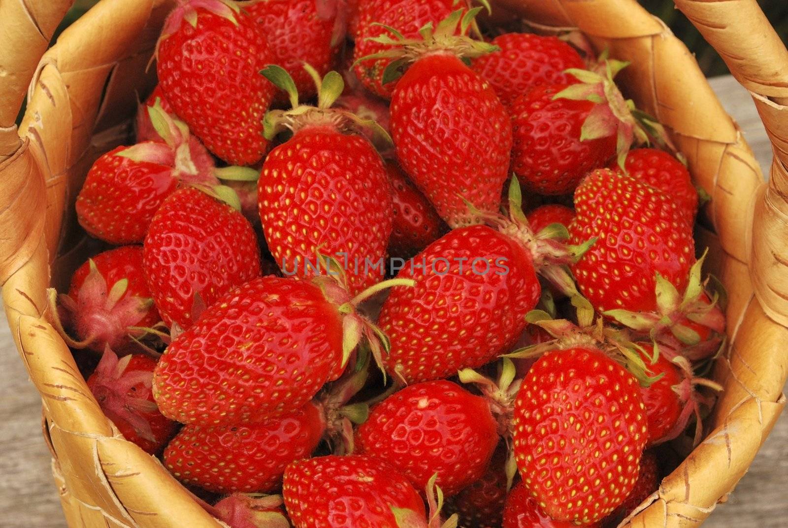 birch bark basket with strawberries, macro