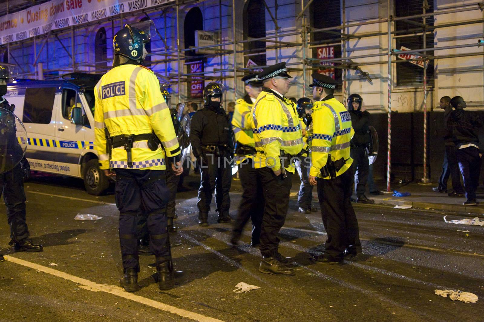 Police in newton Street manchester after the riots that took place after the UEFA football cup with the Glasgow rangers following a screen failure on Piccadilly gardens