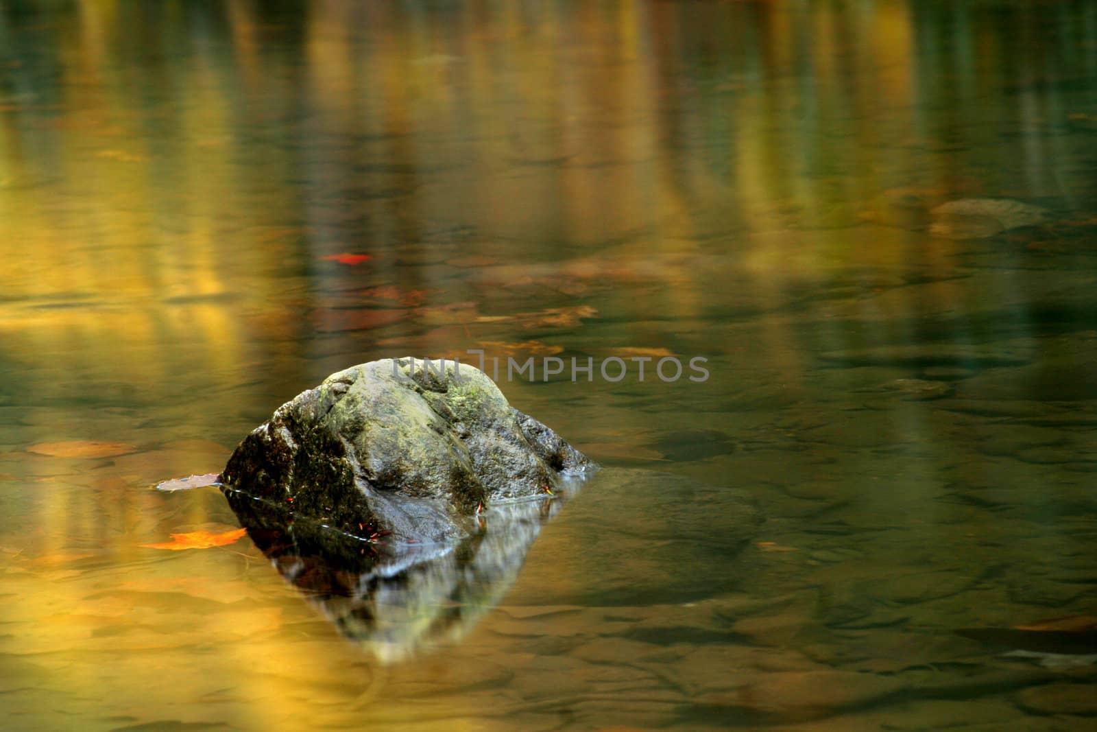 rock in the middle of a river with a golden reflection