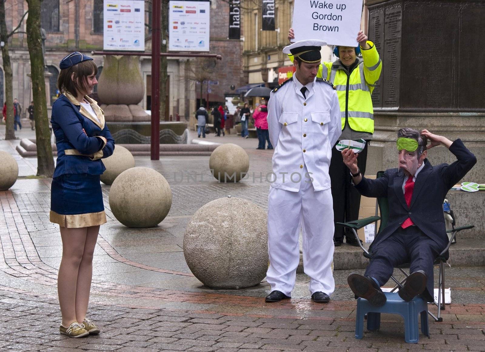 Protest in Manchester in Saint anne square about aviation and Gordon Brown