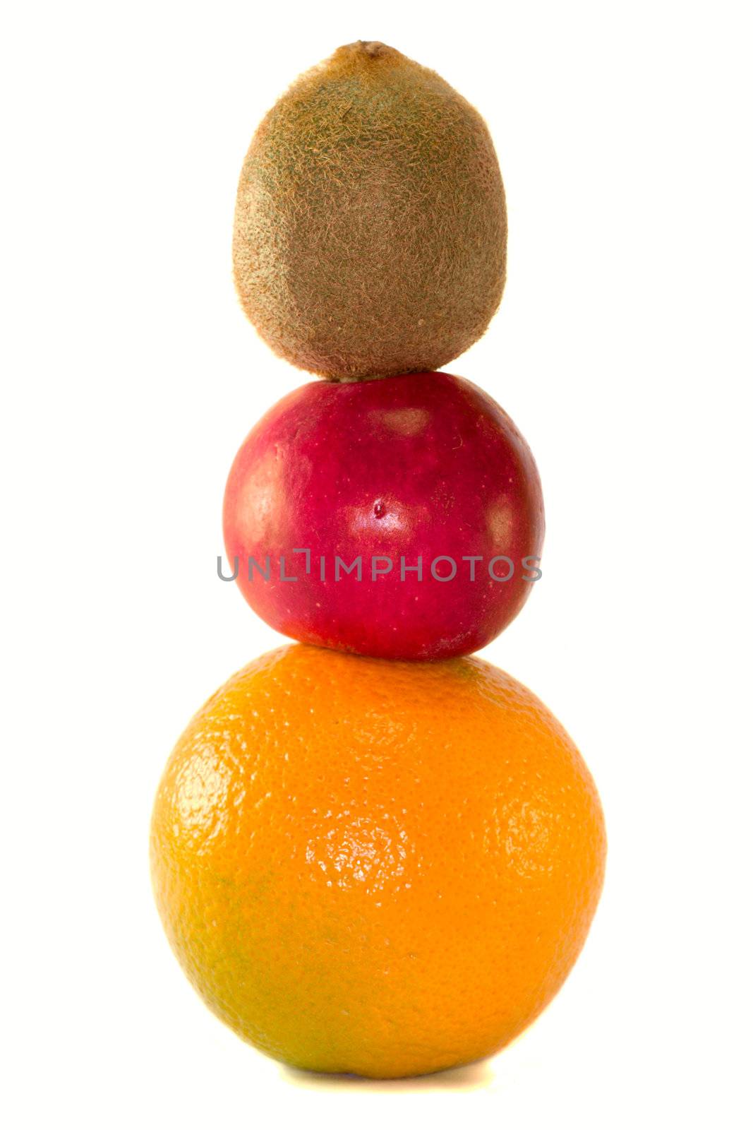 fruits pyramid from kiwi, apple and orange, isolated on white