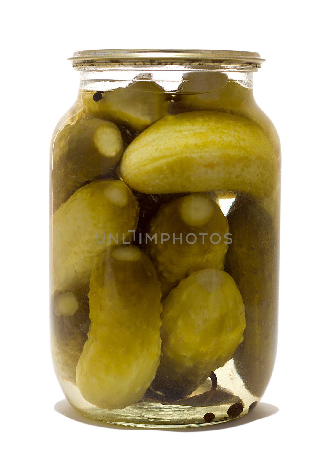 glass jar with preserved cucumbers, isolated on white