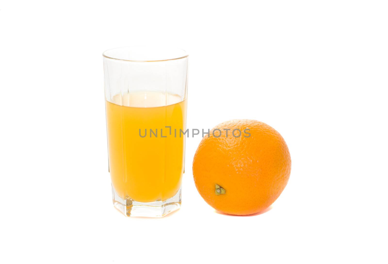 glass with orange juice and orange, isolated on white