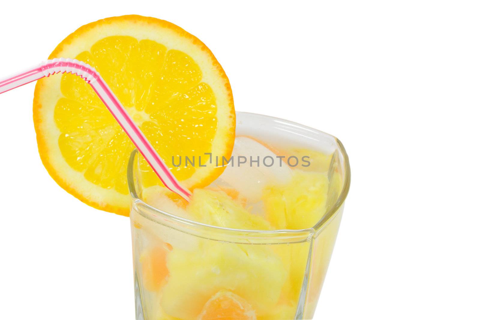 close-up glass with straw and fruits cocktail, isolated on white