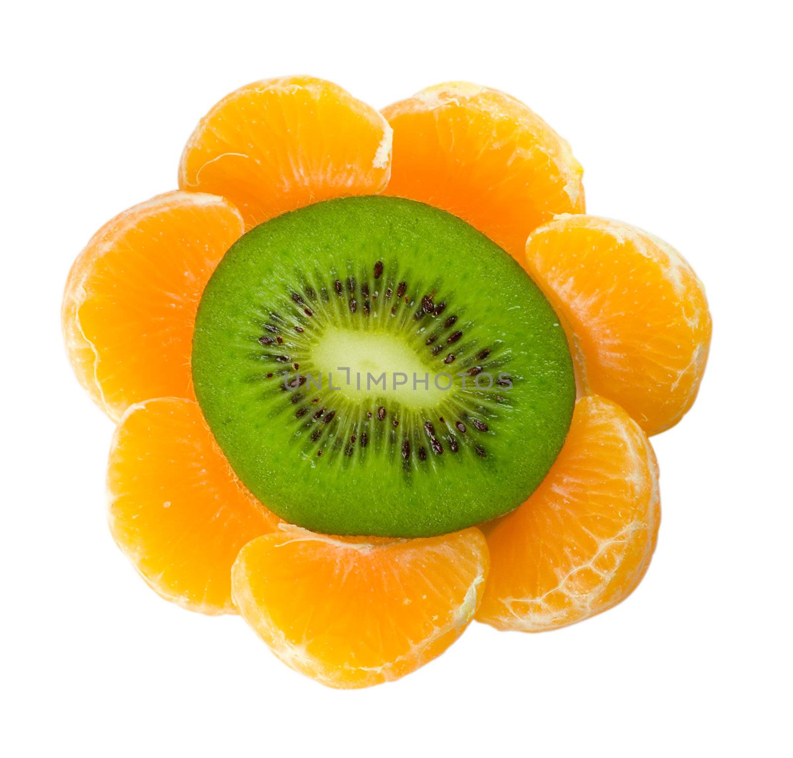 kiwi and tangerine as flower, isolated on white