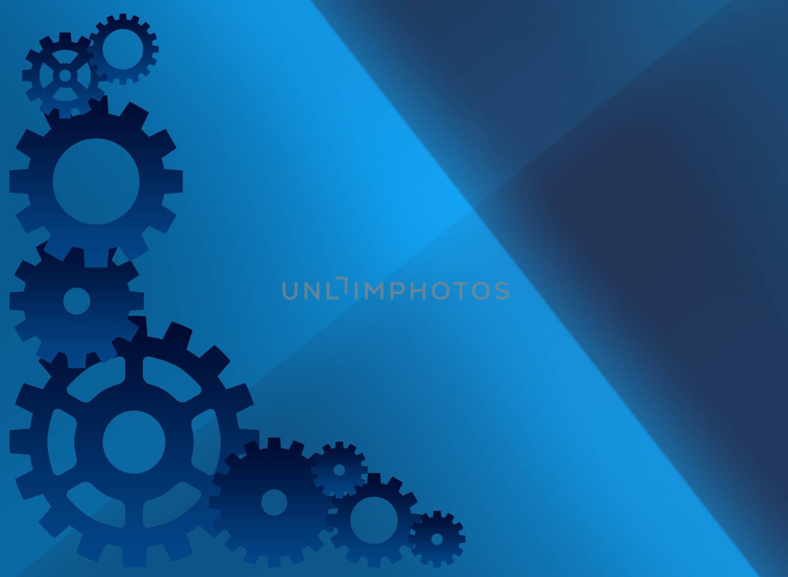 A blue background illustration featuring mechanical cogs