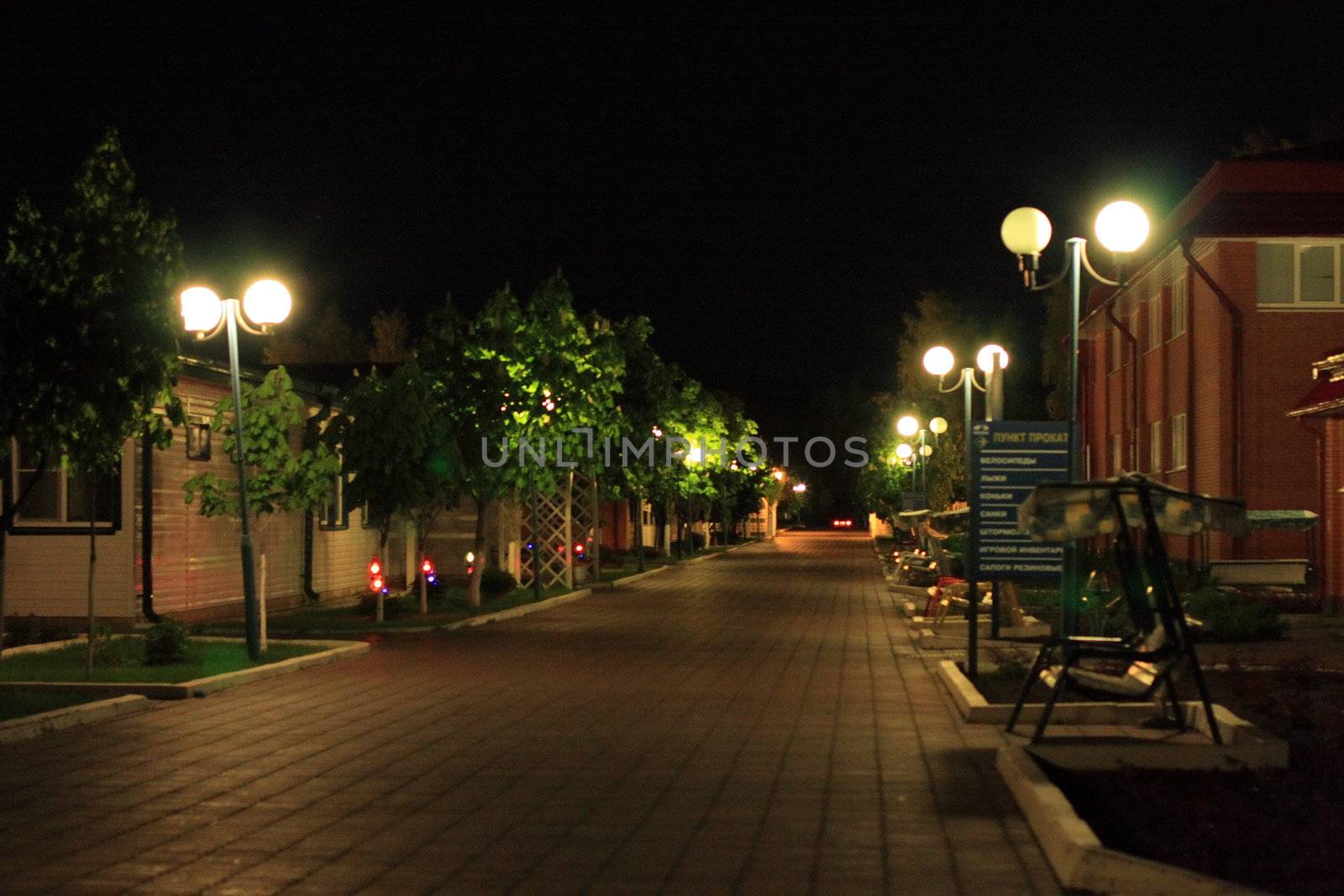 Night, street, lantern, bench, shop, rest
