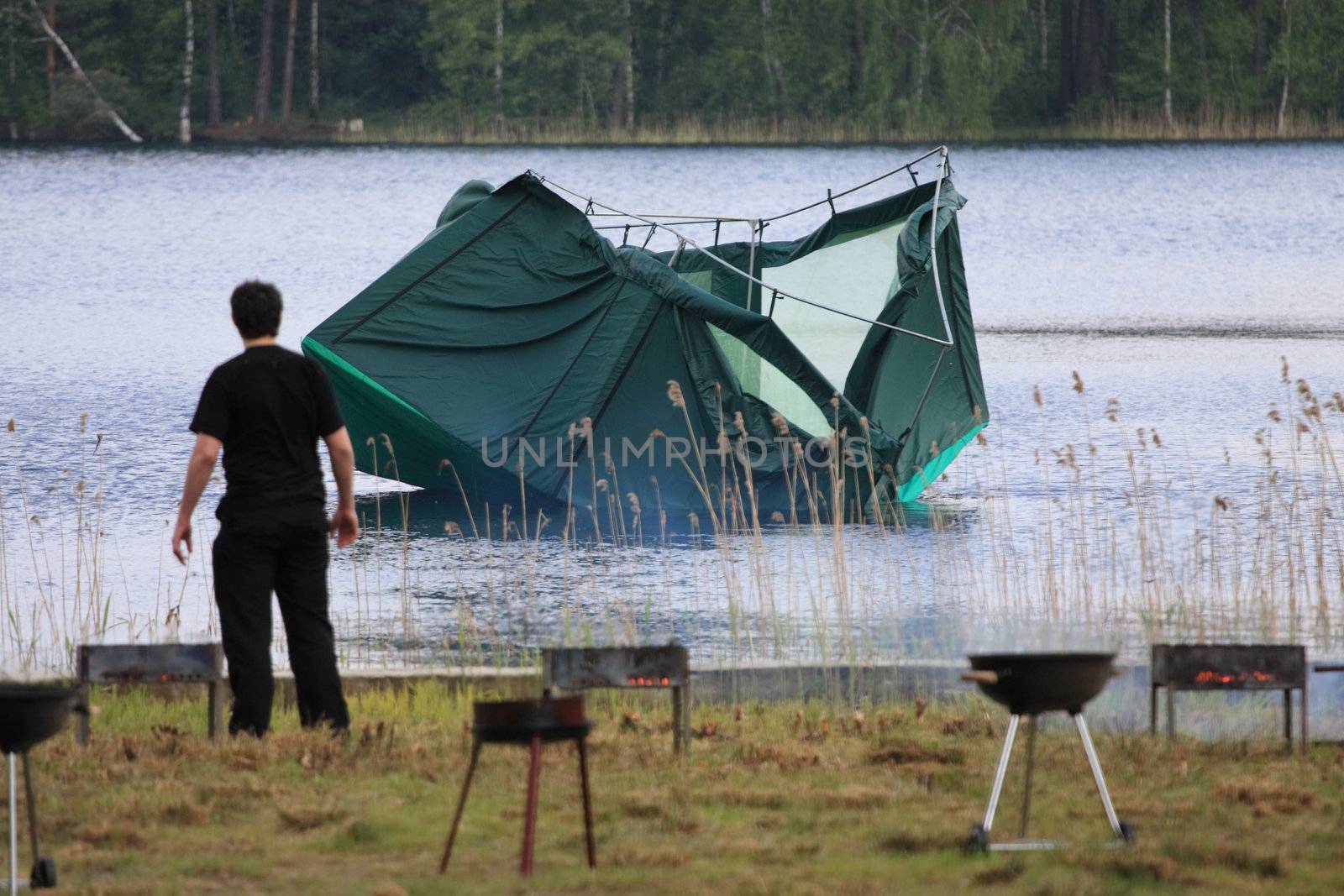 tent, lake, floats, brazier, barbecue, water, rest, wood, coast, nature 