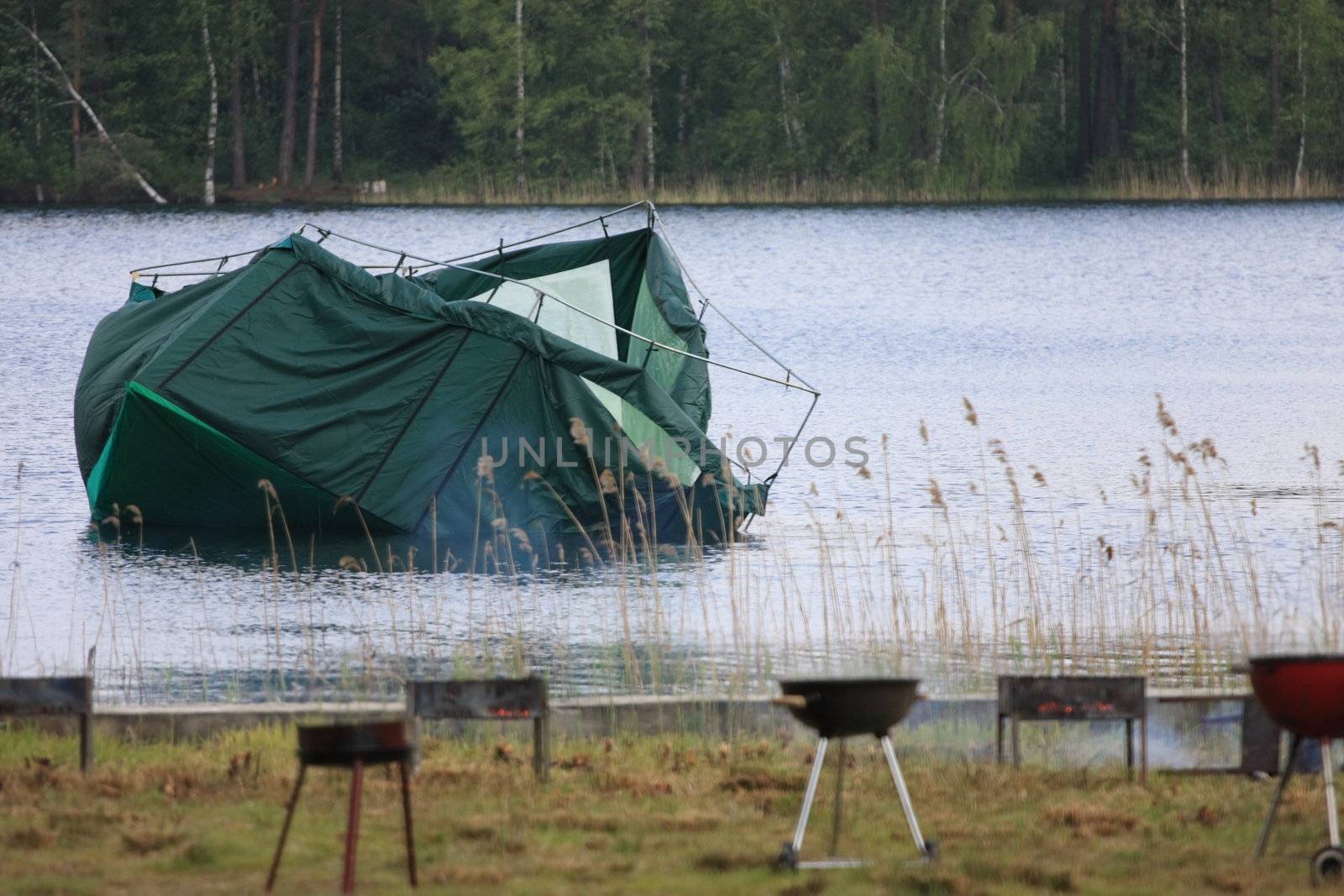 tent, lake, floats, brazier, barbecue, water, rest, wood, coast, nature 