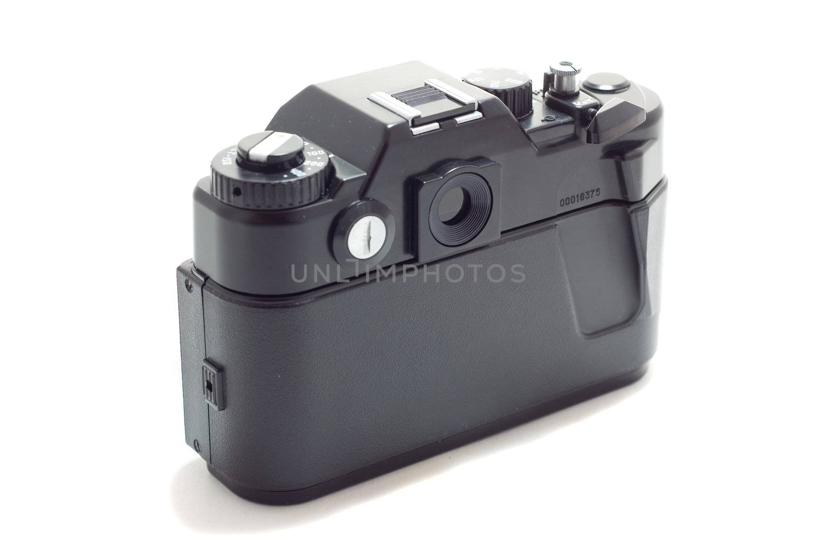 Old reflex camera, rear-view, isolated on white