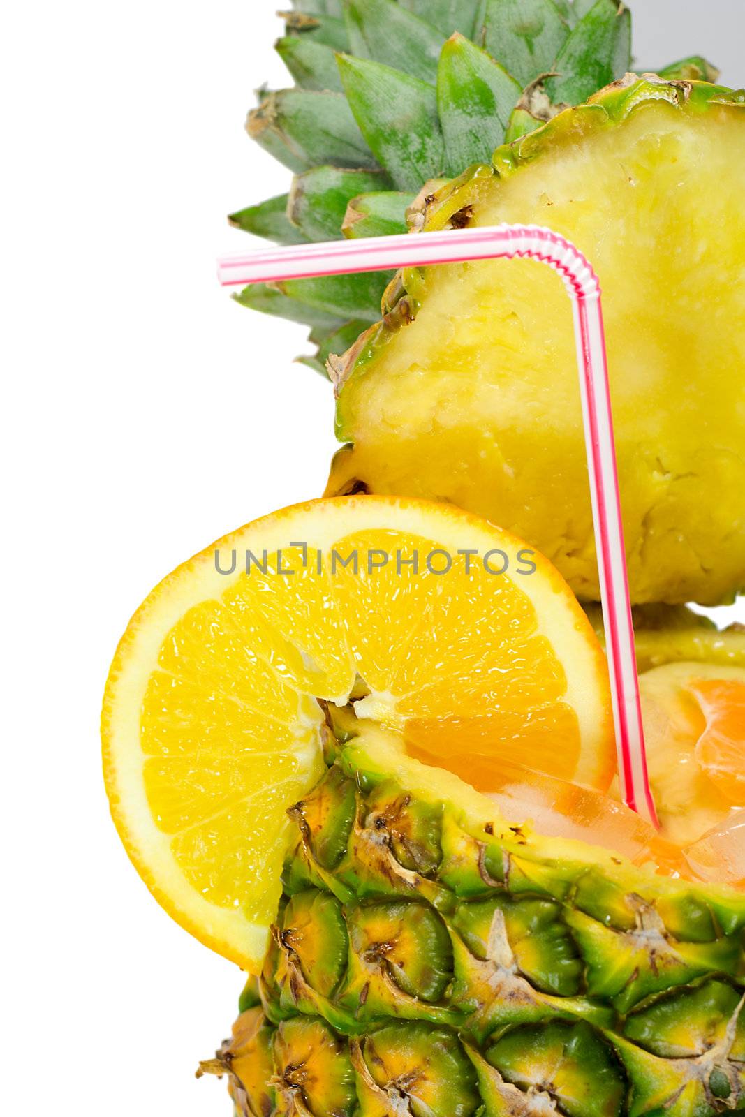 close-up part of cocktail with pineapple as cup, isolated on white