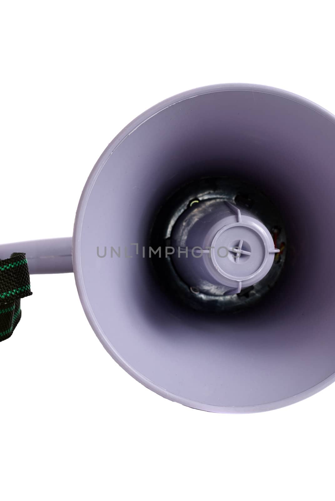 Closeup of a loudspeaker or megaphone, isolated against a white background