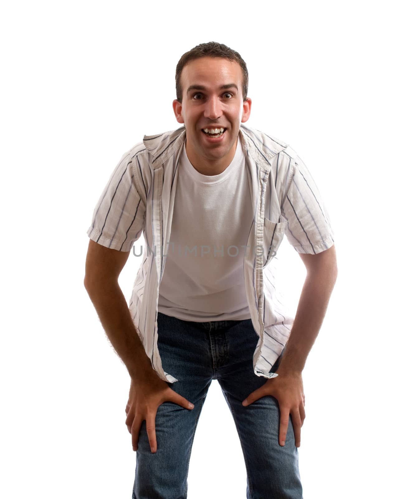 A view of a man bent over smiling taken from a young child's point of view, isolated against a white background