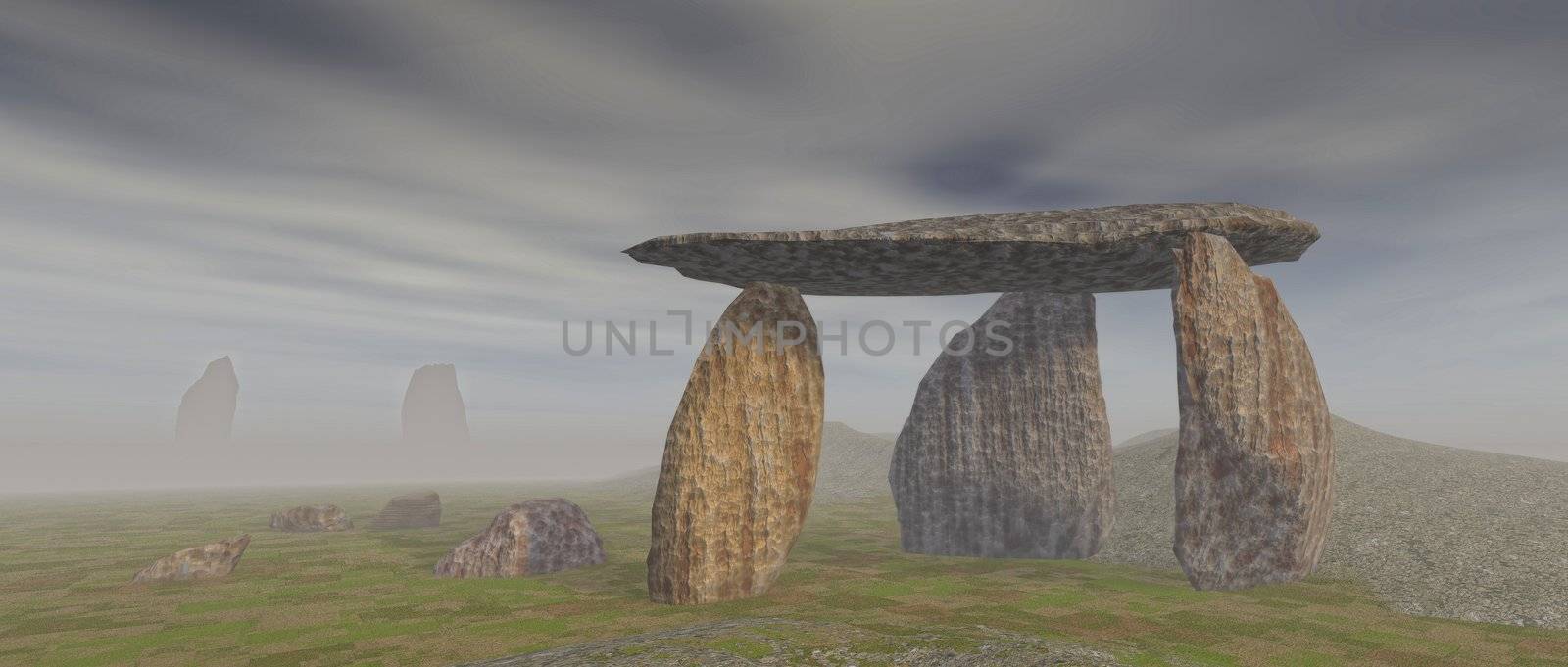 3D render of a dolmen landscape under a gray sky