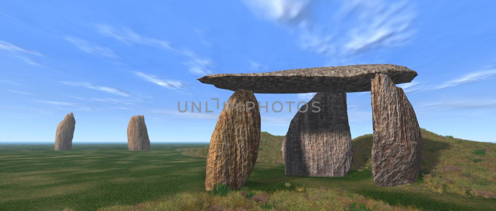 3D render of a dolmen landscape under a blue sky