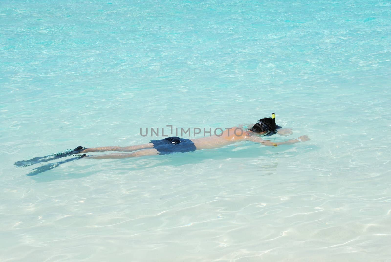 young man snorkeling in a tropical island