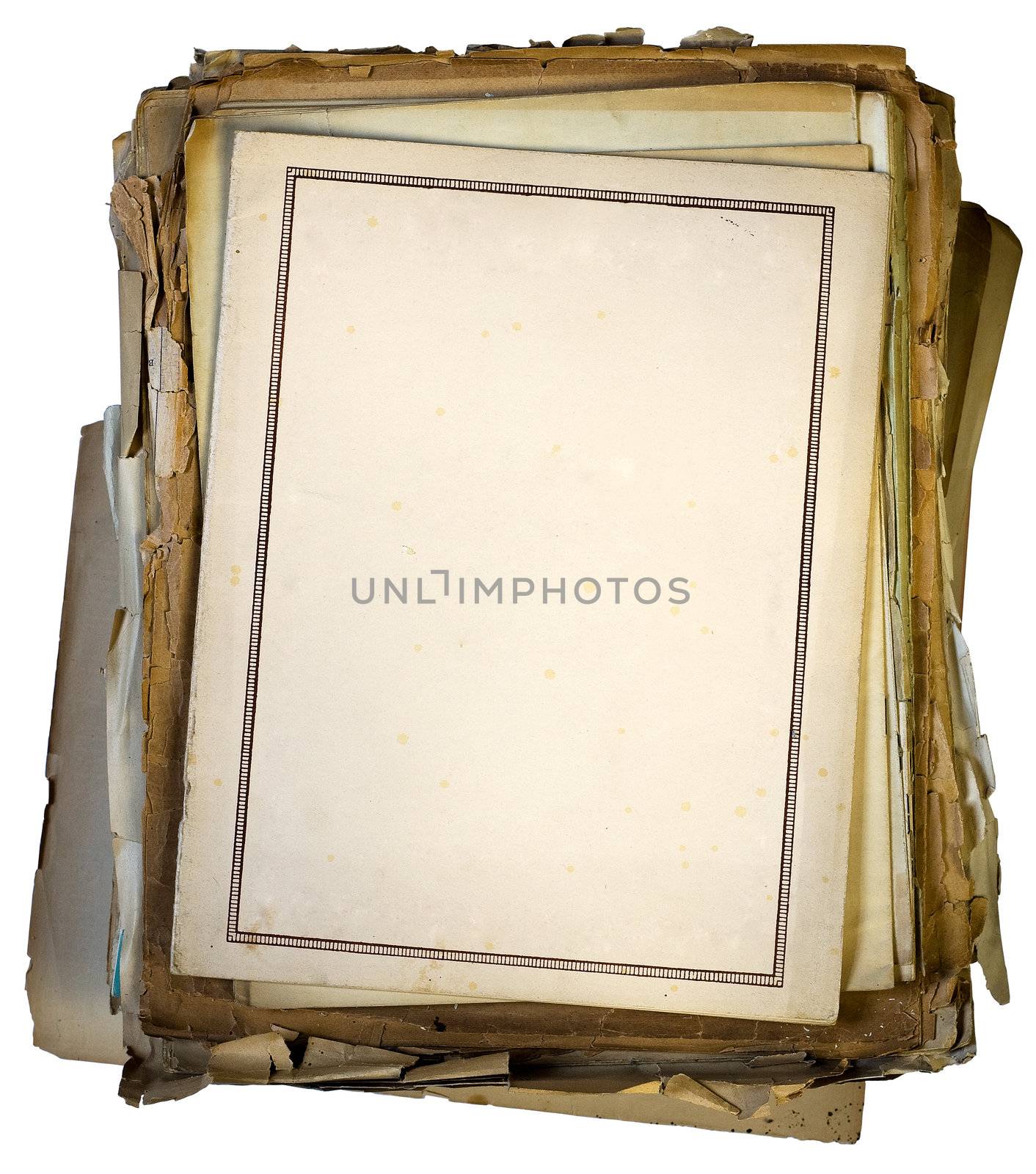 Stack of old documents and blank paper on top. Clipping path included