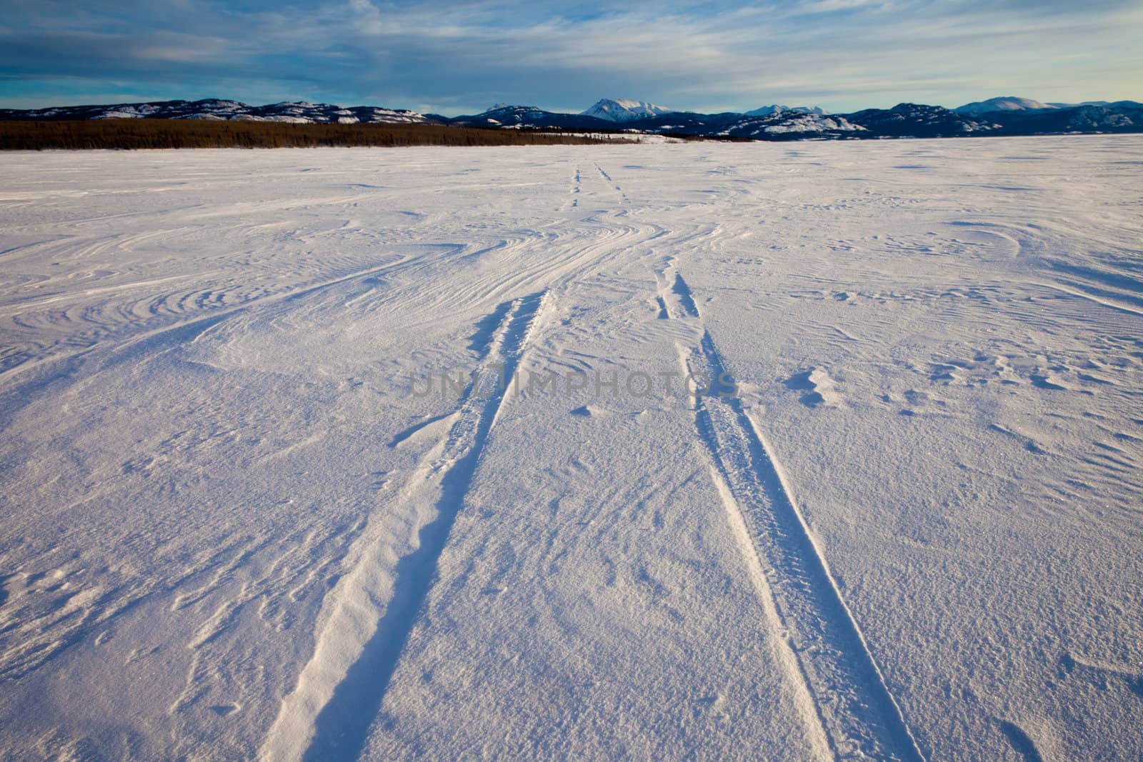 Snowdrift over vehicle tire tracks in deep snow on surface of frozen lake leading to distant shore on sunny winter day.