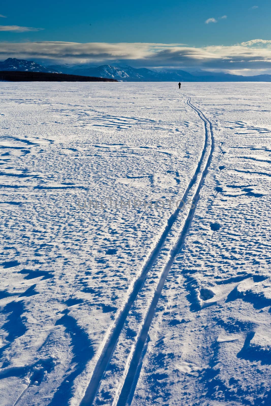 A person skiing leaving long ski tracks behind on vast surface of frozen Lake Laberge, Yukon Territory, Canada