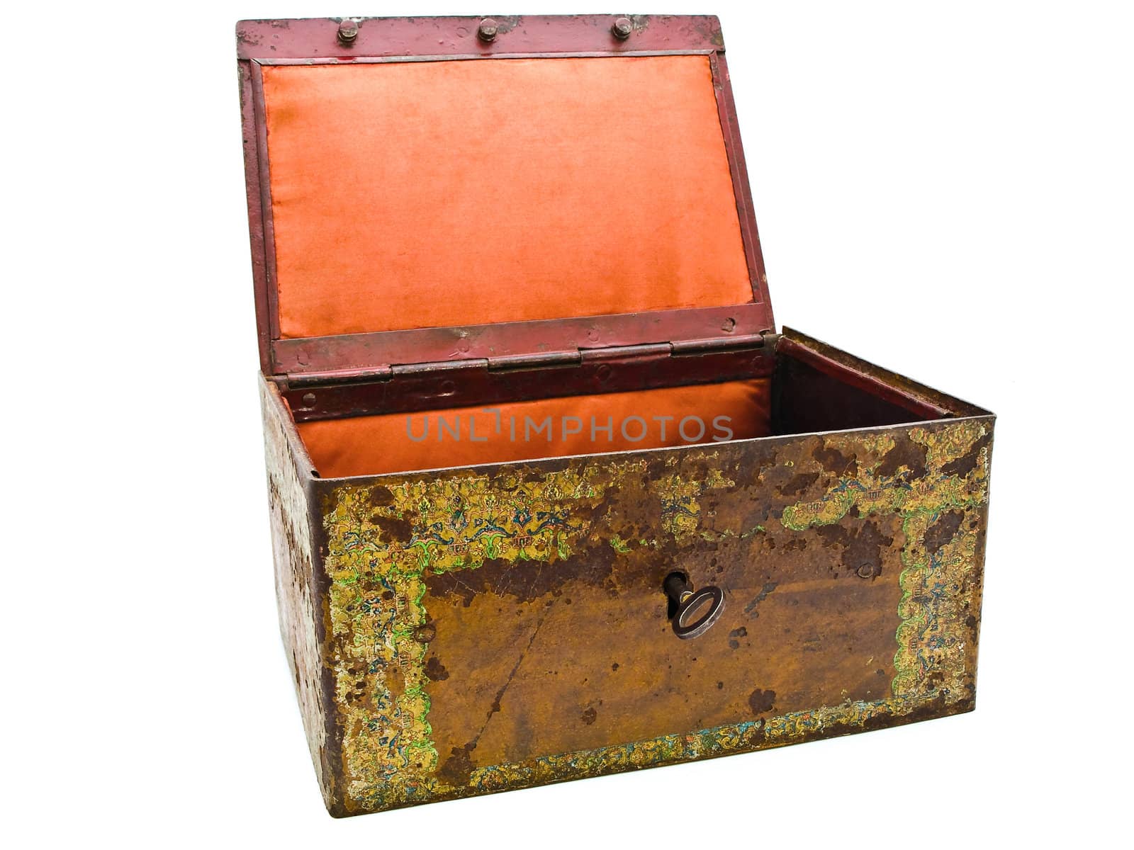 old open rusty chest over white background 