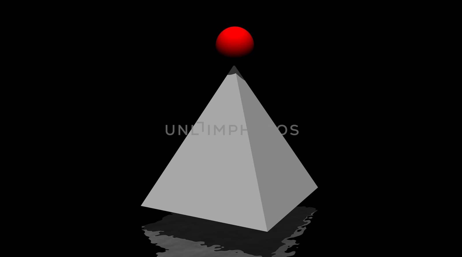 Grey pyramid and small red winning ball on it in black background and upon the dark reflecting sea