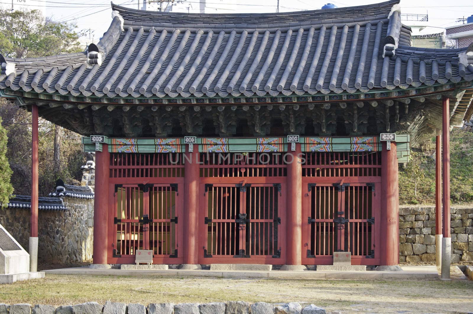 Historic korean pagoda style temple in Yeosu, Korea