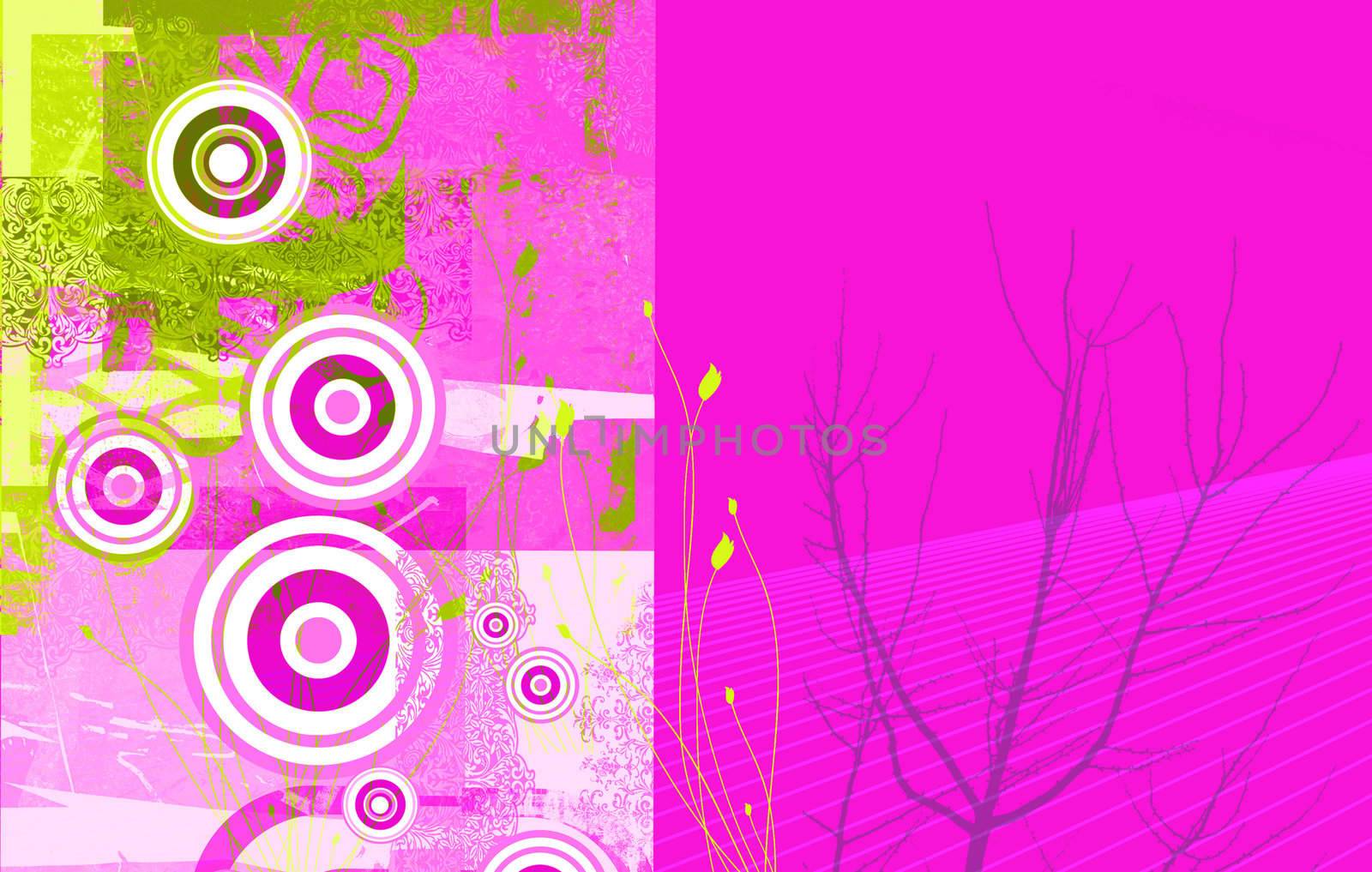 Landscape format image of a dayglow grunge styled background, with foliage and circular target shapes over a dominant pink base.
