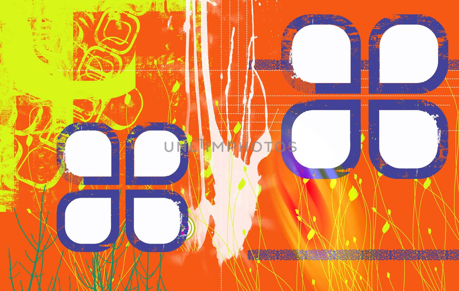 Landscape format image of a dayglow grunge styled background, with foliage and petal shapes over a dominant orange base.