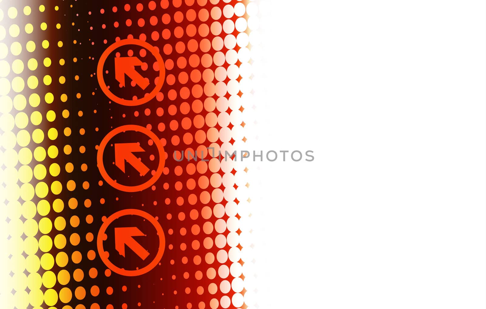 Landscape format abstract image consisting of enlarged half tone dots, with arrow motiefs. Set to the left of image leaving white space to right for copy etc.