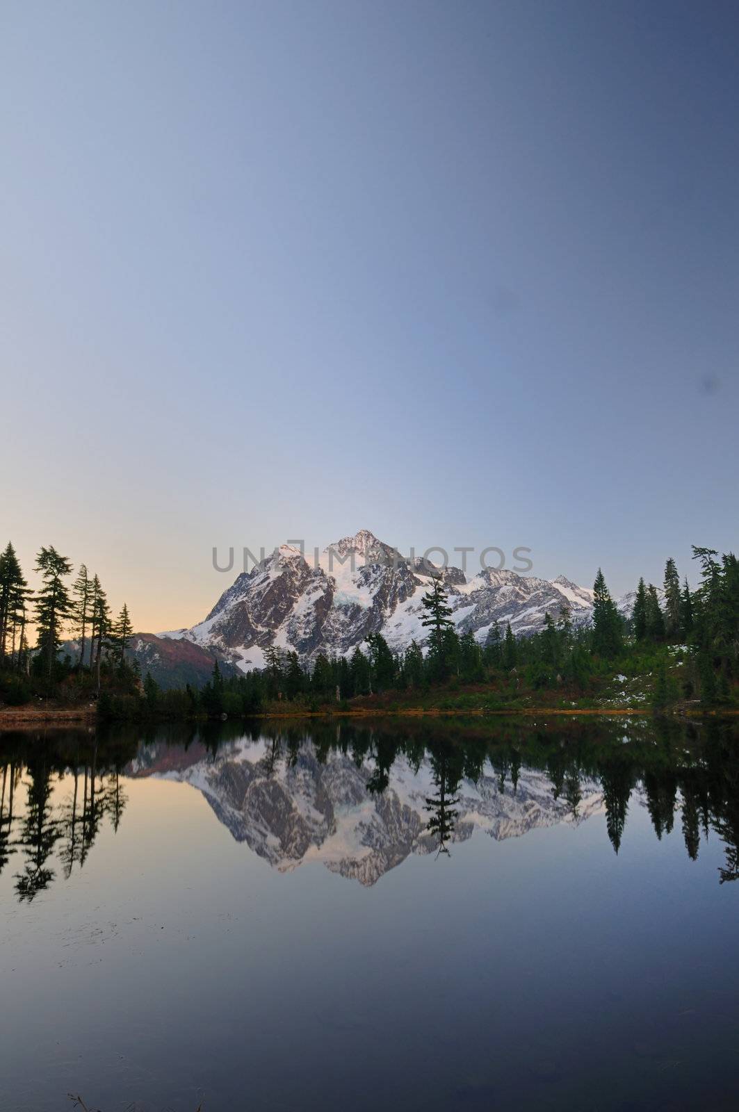 Mount Shuksan from picture lake after sunset on a clear day