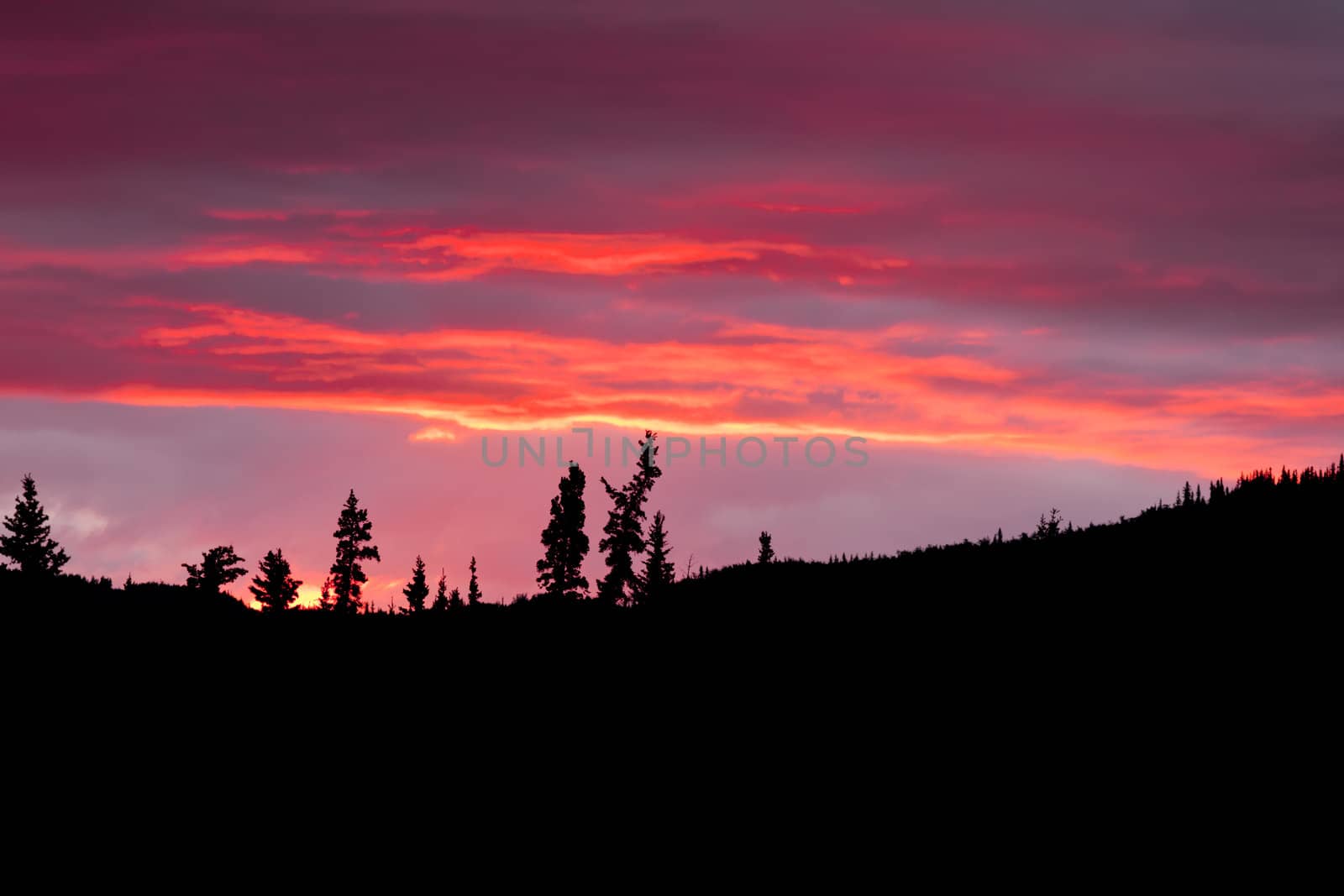 Cloudy sunset sky on fire over silhouette of forested hills.