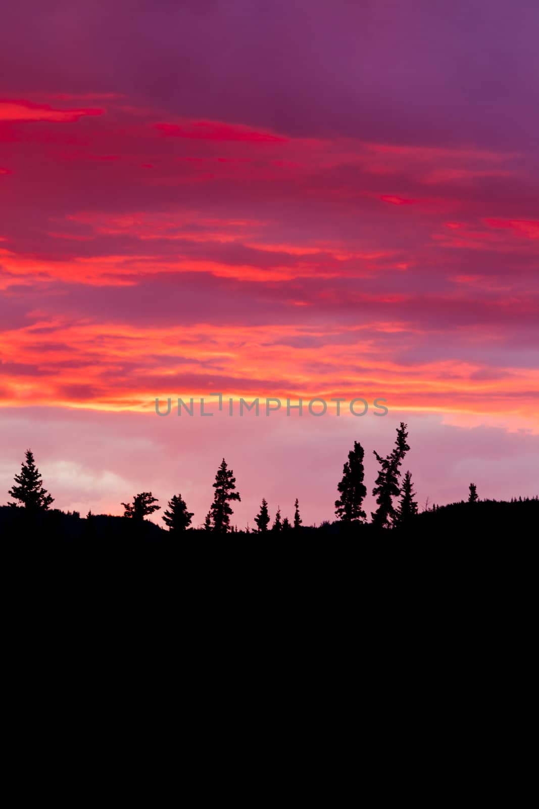 Cloudy sunset sky on fire over silhouette of forested hills.