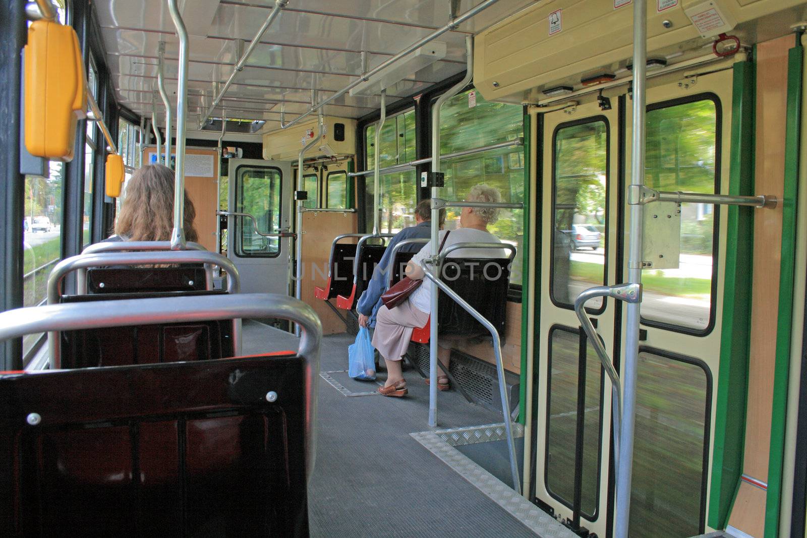 Interior of a moving street tram
