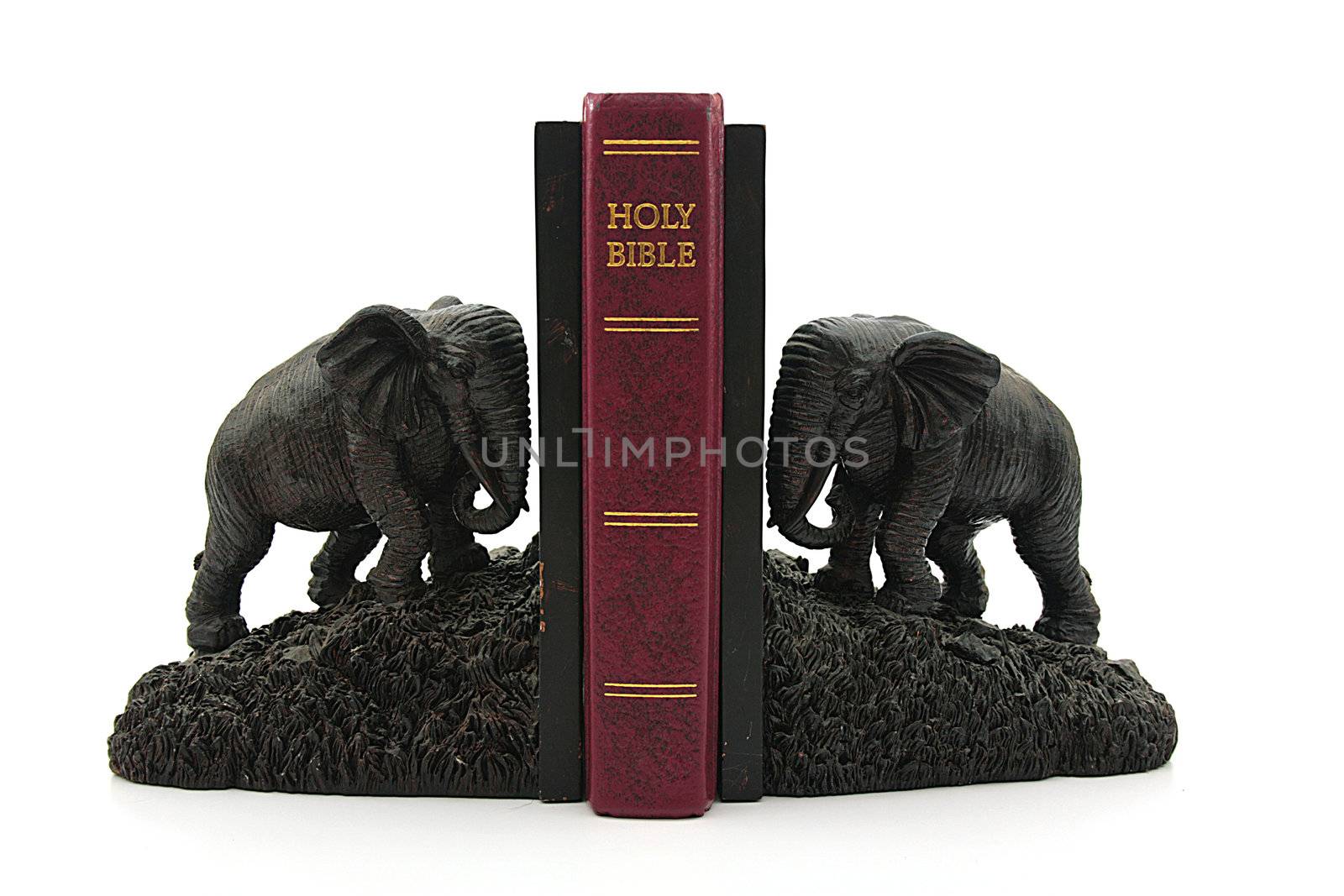 Decorative figurines of elephants support the Bible.