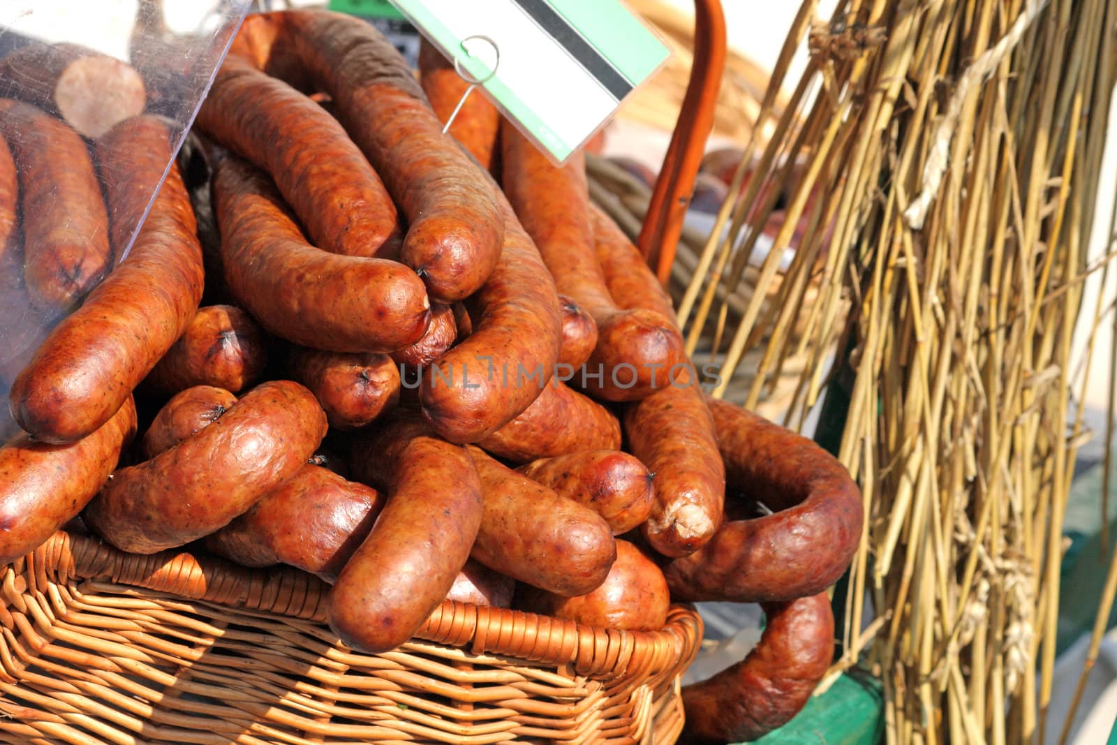 Traditional polish sausage known as kielbasa at the market
