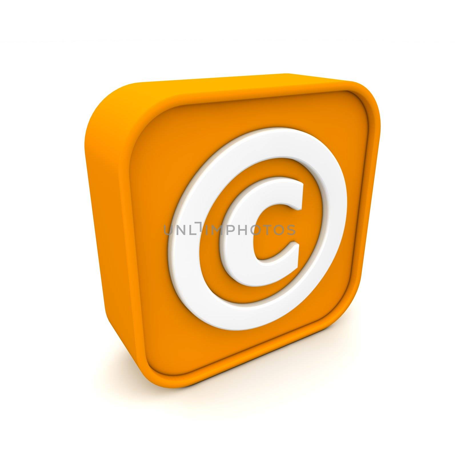 orange RSS like copyright symbol rendered in 3D isolated on white ground - angular view