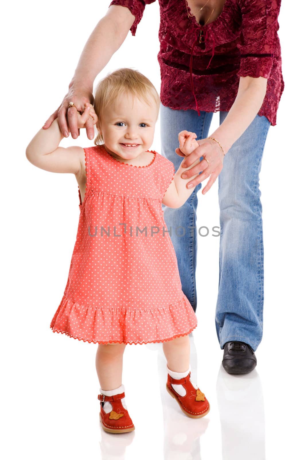 Happy mother playing with daughter isolated on white