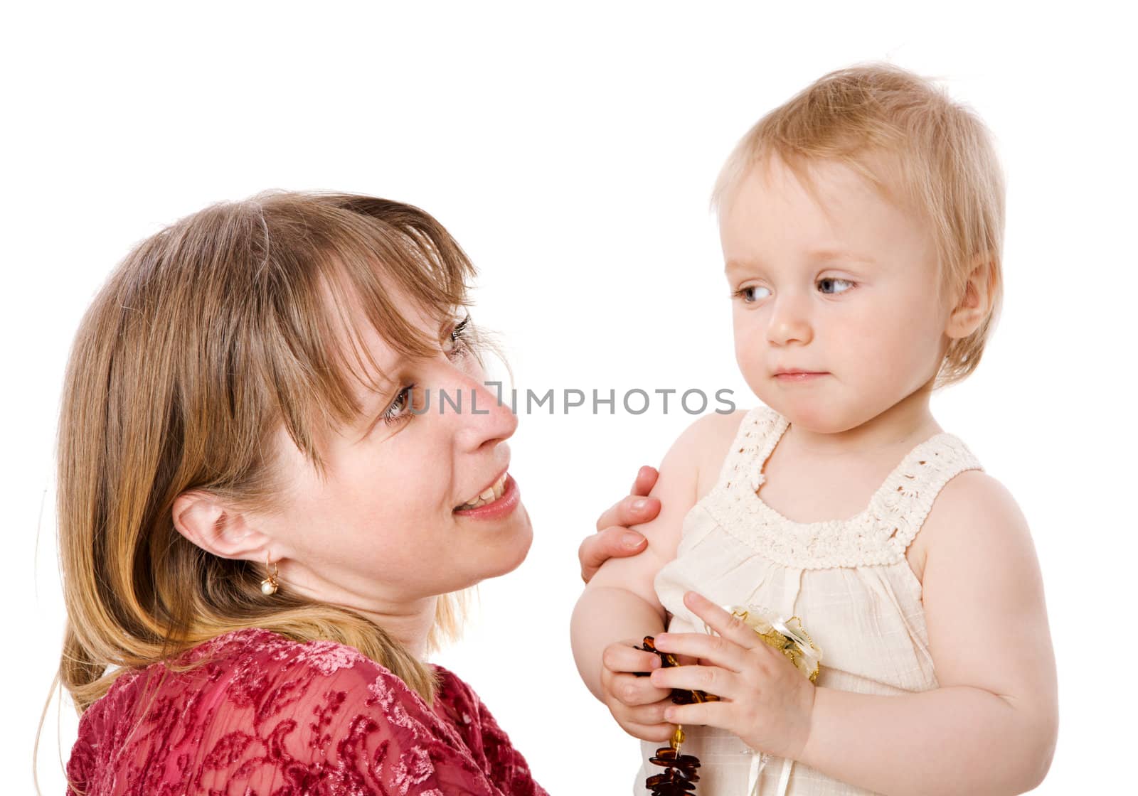 Mother with daughter posing together isolated on white