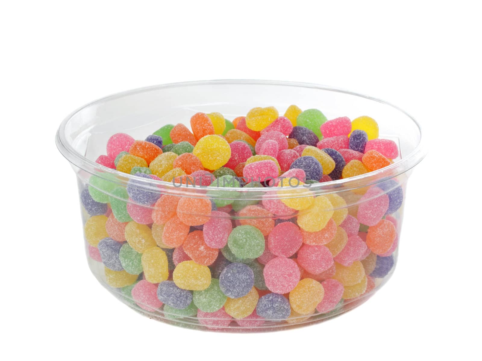 colorful jelly candies in a transparent plastic container