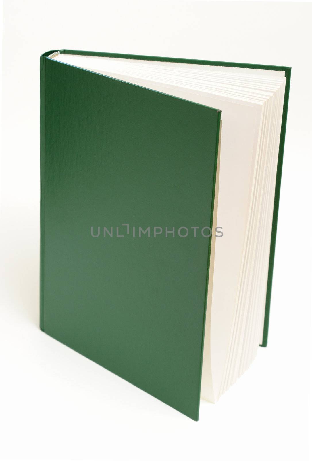 A green book is standing upright over a white background.