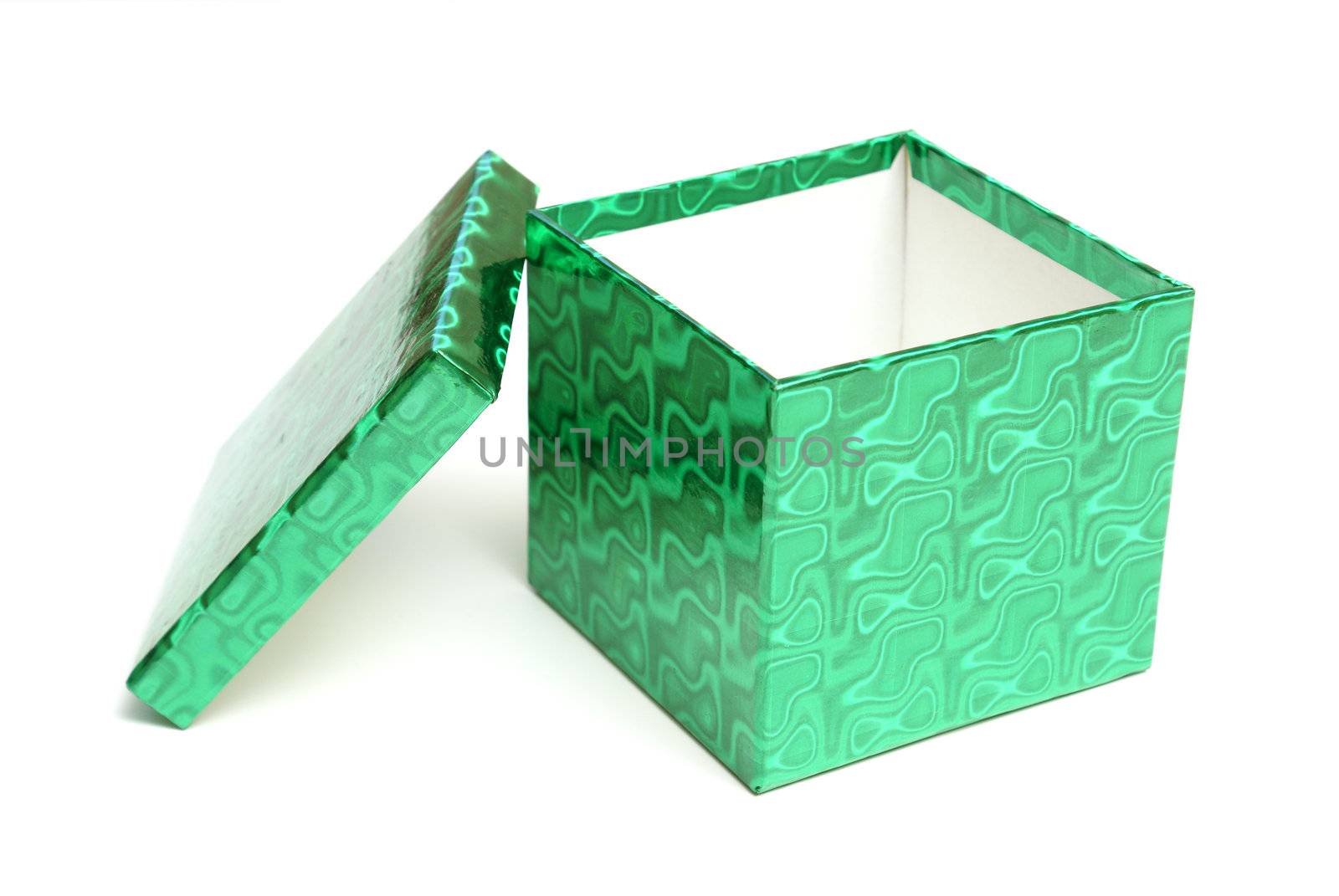 An empty green gift box over a white background.