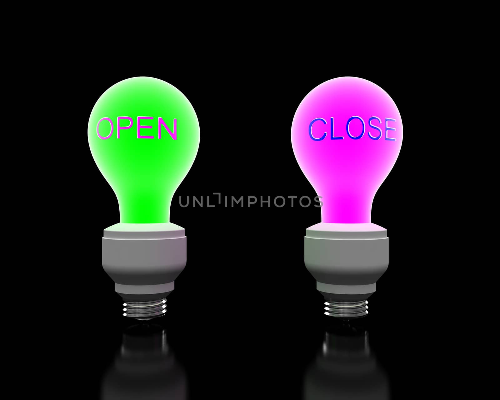 "Open" and "Close"  color glowing lightbulb render.