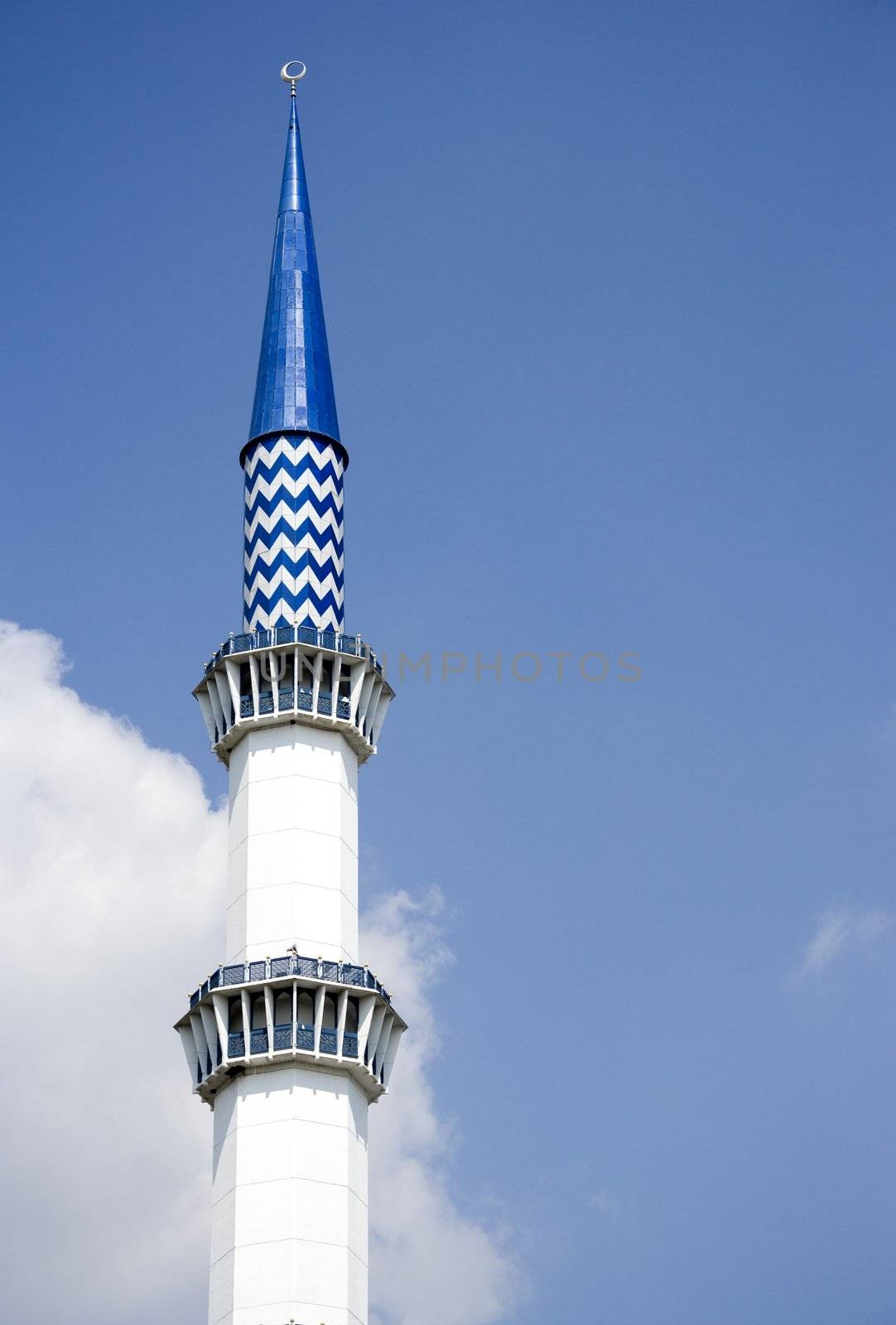 Minaret of the Sultan Salahuddin Abdul Aziz Shah Mosque or commonly known as the Blue Mosque, located at Shah Alam, Selangor, Malaysia.