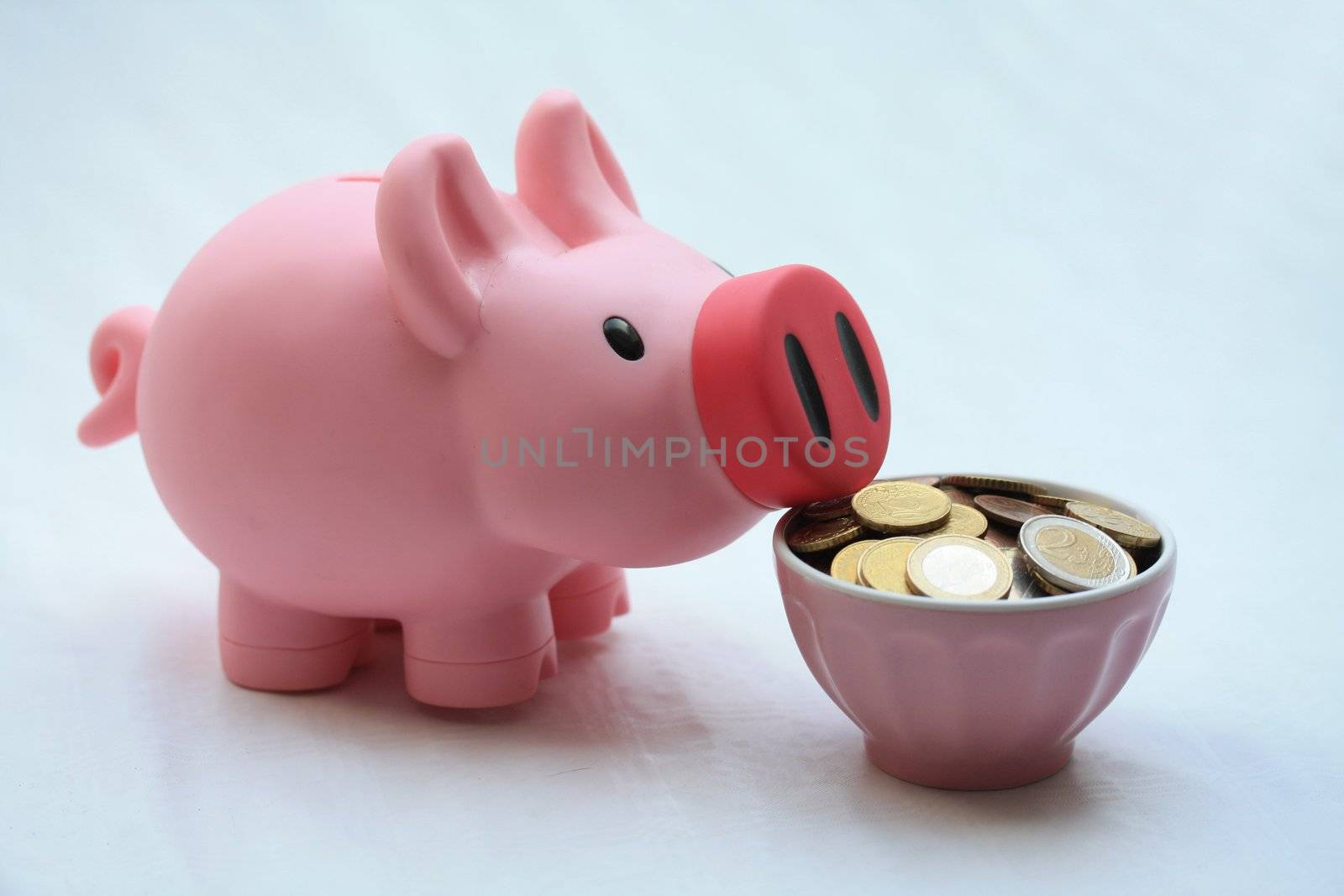 Pink piggy bank with a bowl of coins