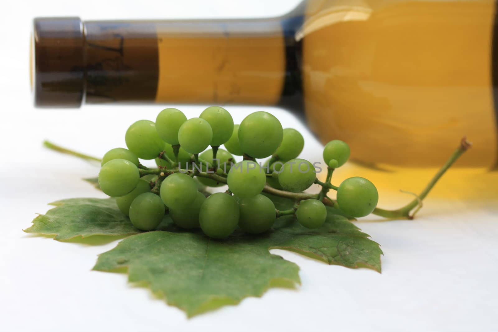 Bottle and grape leaves