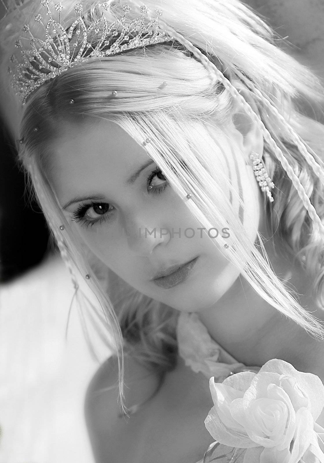 Portrait of beautiful young blond haired bride on wedding day wearing tiara.