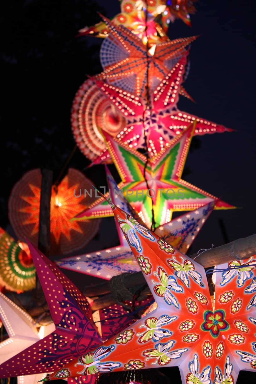 Beautiful colorful lanterns of various shapes lit on the occasion of Diwali / Christmas festival in India.